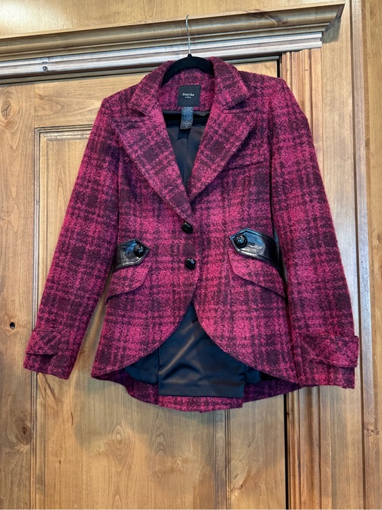 Smythe Jackets & Blazers - SMYTHE Les Vestes Burgundy Plaid Wool Blend Leather Trim Blazer Jacket Size 8